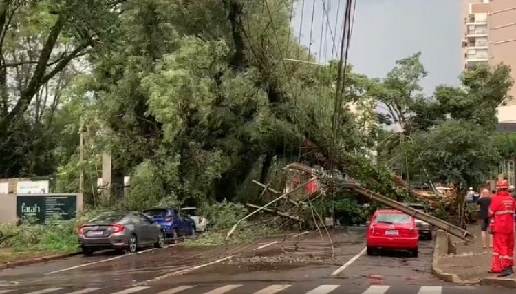 Temporal causa prejuízos no Centro de Cascavel nesta tarde de quarta-feira 
