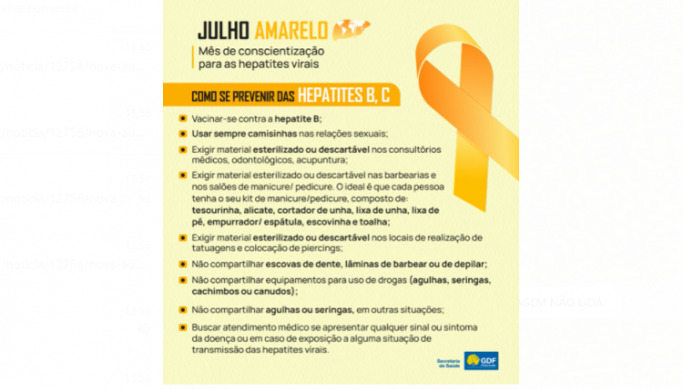 Julho Amarelo destaca importância da prevenção contra as hepatites virais Unidades básicas de Saúde estão realizando testes rápidos via agendamento