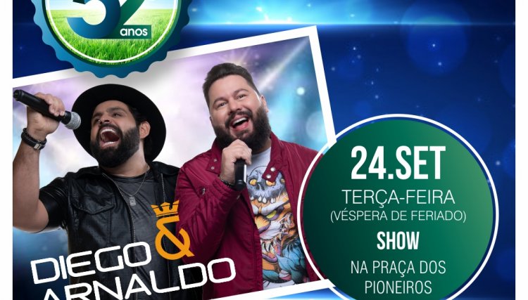 Nova Aurora comemora 52 anos com atracão de Diego e Arnaldo dia 24